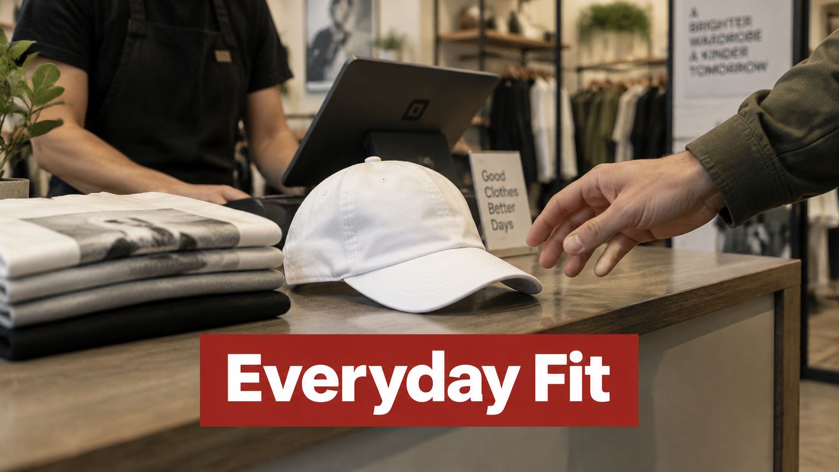 A close-up view of a plain white dad hat resting on a store counter near folded shirts.