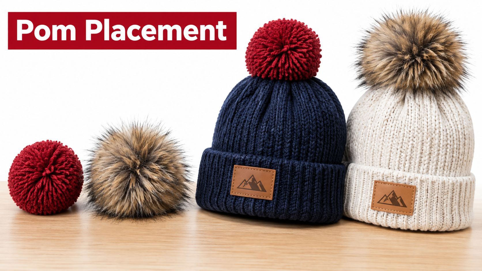 A display of two knitted beanies with different fur and yarn pom-poms on a wooden table.