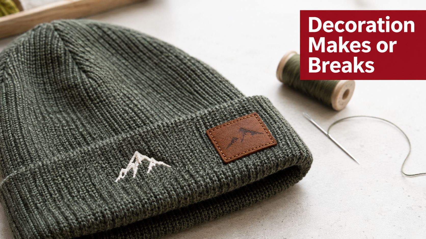 A close-up of a green knit beanie with embroidered mountain details and a leather patch.